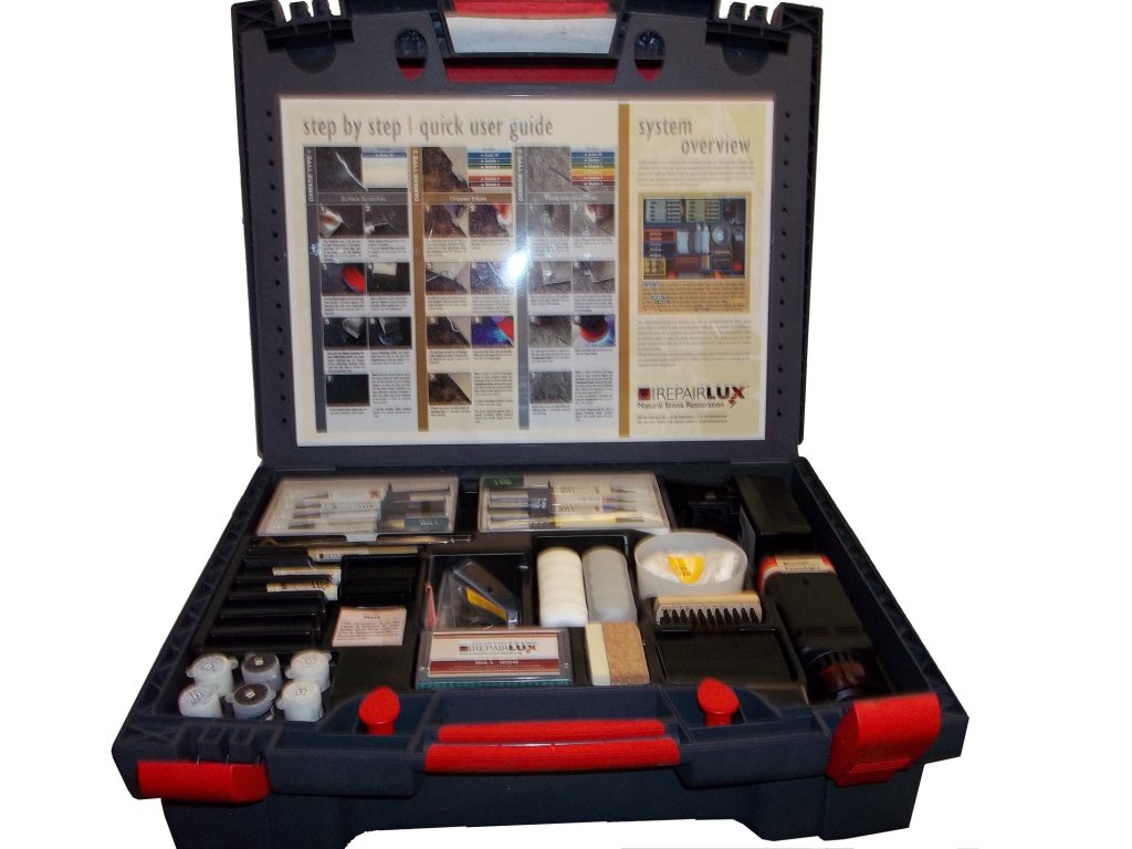 Stone repair kit comes complete with a Training DVD and Ultraviolet Light and all the tools you need to repair Hard stone worktops chips and scratches.